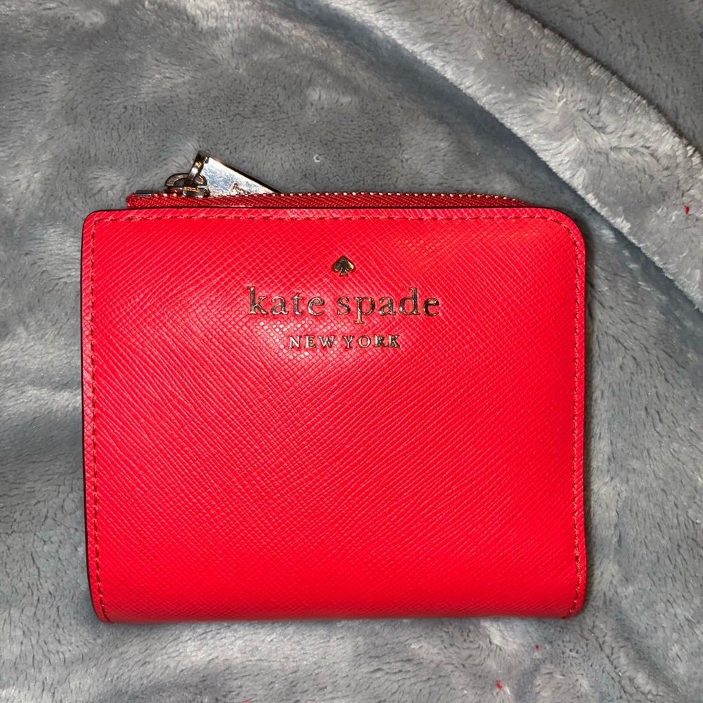 Kate Spade Red Saffiano Zip Wallet With Gold Logo